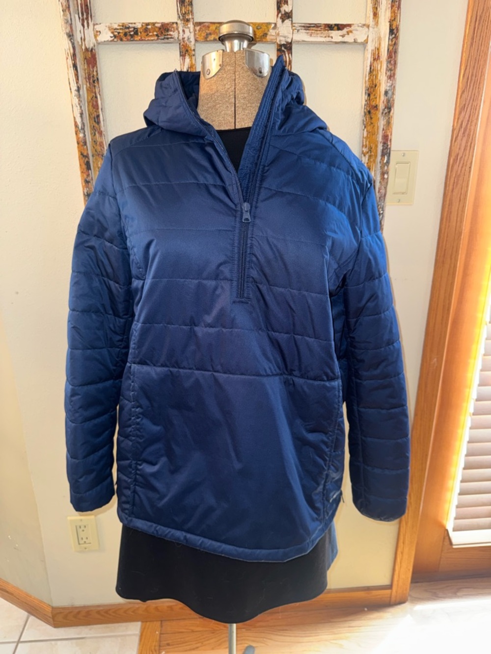 Lands End Navy Quilted Pullover Jacket 1/4 Zip Hooded Jacket